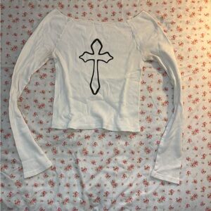 Brandy Melville White Long Sleeve with Black Cross design